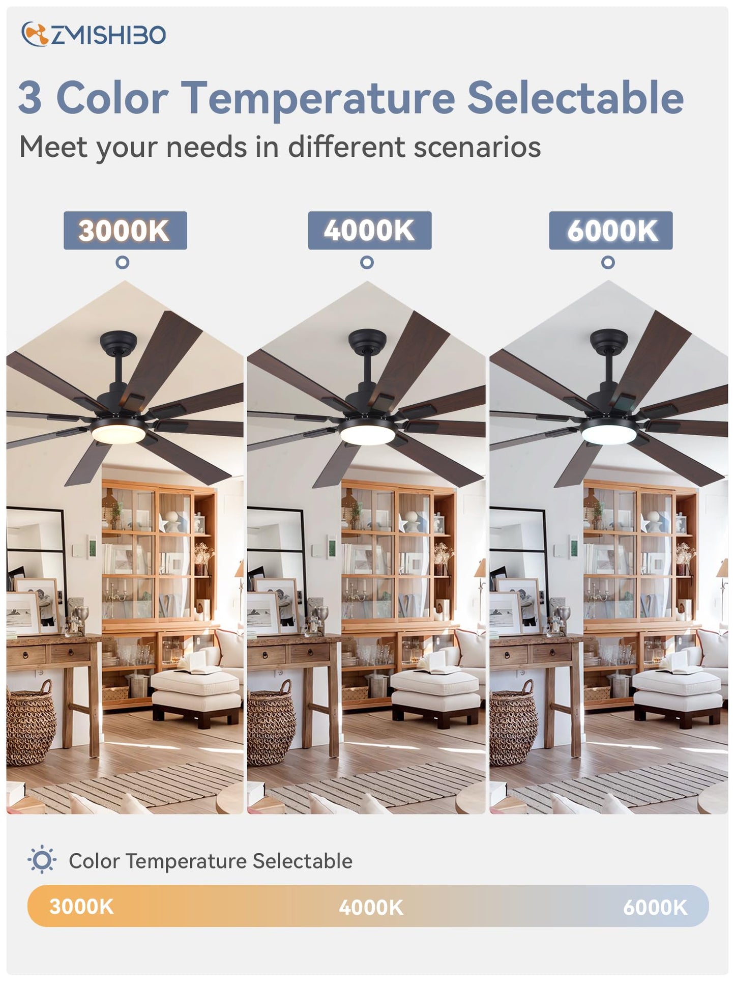 ZMISHIBO 72 inch Large Ceiling Fans with Lights and Remote, Indoor/Outdoor Black Modern Ceiling Fan for Kitchen Living Room Patio, 6 Speed Reversible Quiet DC Motor, 3 CCT, Dual Finish 8 Blades