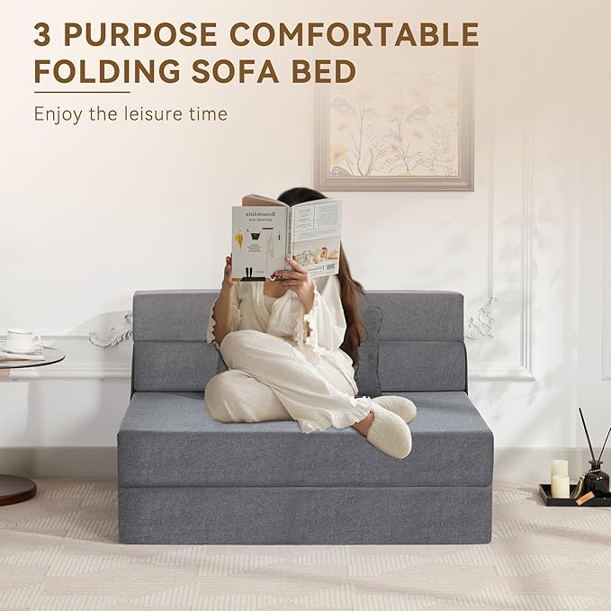 WUTUTUEE Folding Sofa Bed Convertible Floor Couch Foldable Chair Bed with Pillow,Linen Sleeper Chair Futon,Foldable Memory Foam Mattress for Bedroom/Living Room/Dorm/Office (Dark Grey, Standard)
