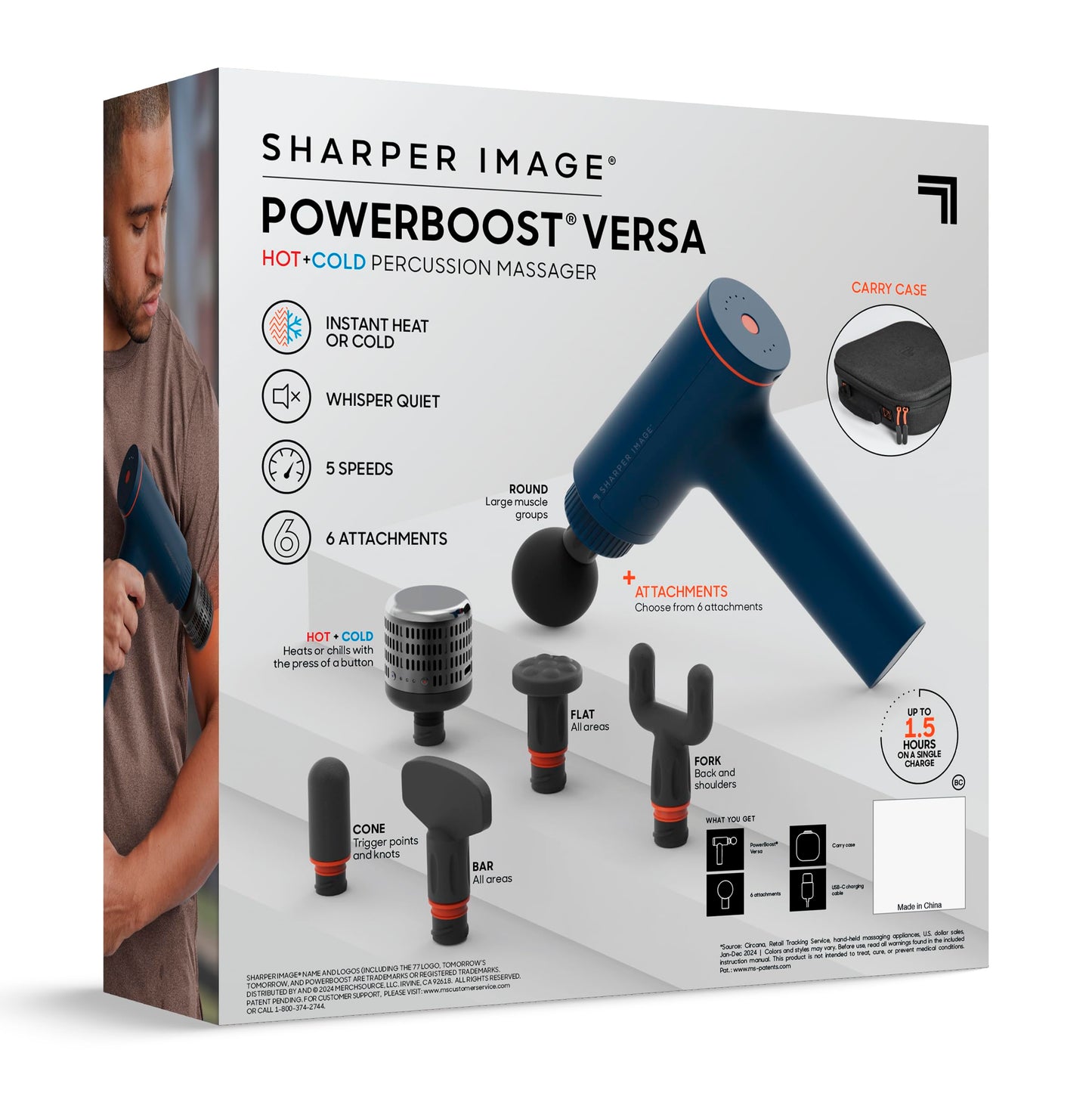 Sharper Image Deep Tissue Percussion Massage Gun, Powerboost Versa Hot & Cold Rechargeable Handheld Massager, 5 Adjustable Speeds, 6 Attachment Heads & Carrying Case, for Muscle Pain Relief, Blue