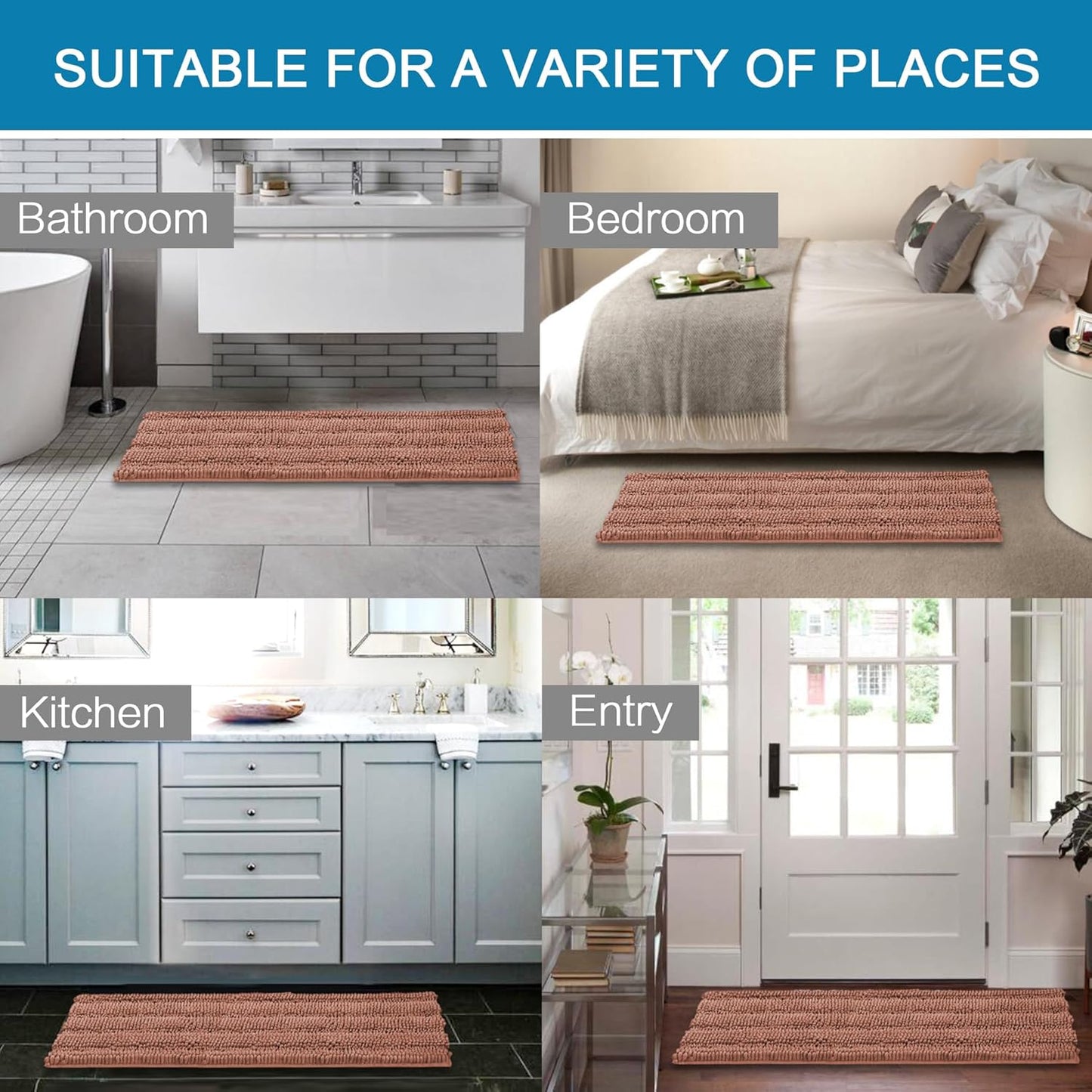 H.VERSAILTEX 2 Piece Set Bathroom Rugs Bath Mats Sets Super Absorbent Chenille Striped Bath Mats Non Skid Machine Wash Dry Rugs for Bathroom Floor (Muted Clay, 47 x 17 Plus 17 x 24 - Inches)