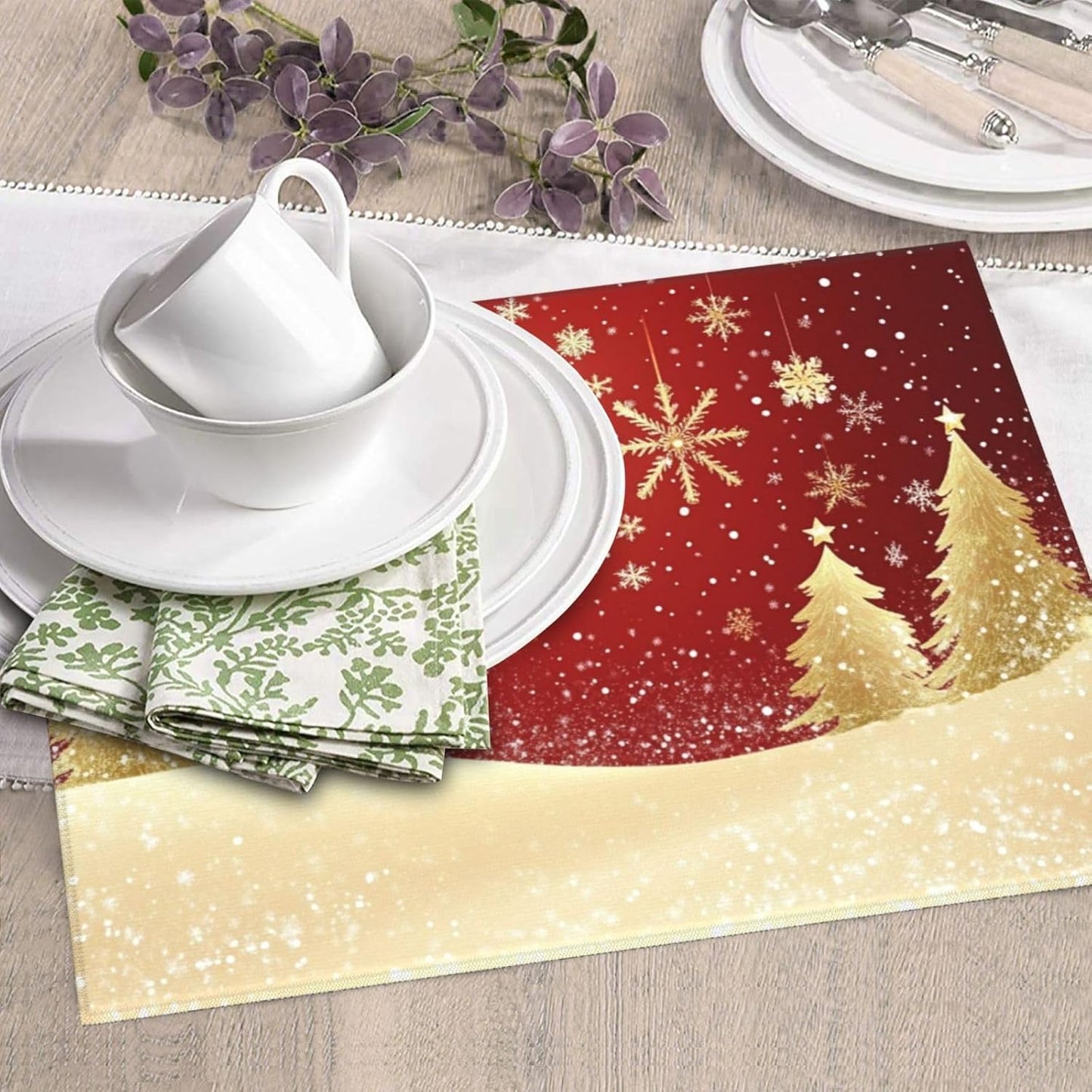 Dish Drying Mat for Kitchen Gold Christmas Tree Pattern Snowflake Counter Absorbent Dishes Drainer Microfiber Small 16x18 Inch