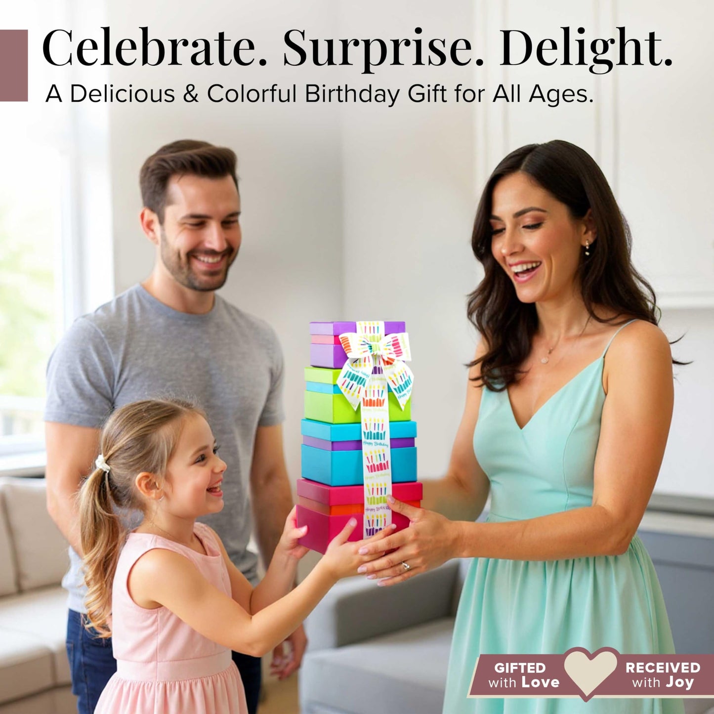 Broadway Basketeers Birthday Gift Basket Tower - Birthday Snack Box with Sweet and Savory Treats for Men, Women, & Kids