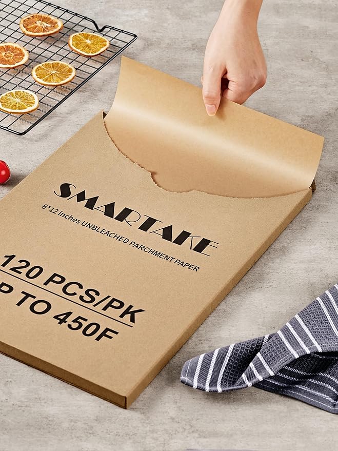 SMARTAKE 120Pcs Parchment Paper Sheets, 8x12 Inch Pre-Cut Parchment Paper for Baking, Non-Stick Baking Paper, Natural Wood Pulp, for Air Fryer Steaming Grilling Rack Oven (Unbleached)