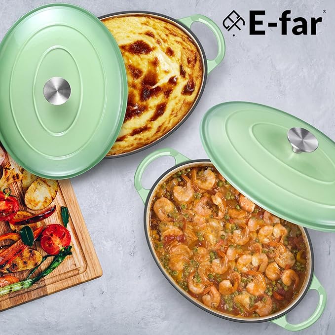 E-far 7QT Oval Dutch Oven Pot with Lid, Enameled Cast Iron Dutch Oven with Dual Handles, Heavy-Duty Cookware for Sourdough Bread Baking, Braising, Stews, Oven Safe & Easy Clean, Green