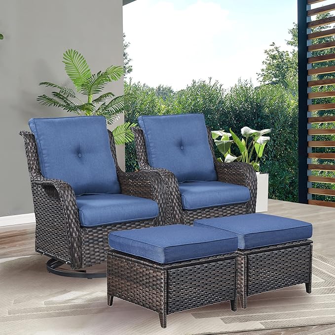Rilyson Wicker Patio Furniture Set - 4 Piece Rattan Outdoor Sectional Conversation Sets with 2 Swivel Rocking Chairs,2 Ottomans for Porch Deck Garden(Brown/Blue)