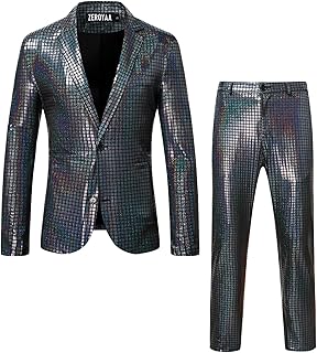 ZEROYAA Men's Metallic Shiny Suits Disco Sequin Blazer and Pants 2 Piece Sets for Party Prom