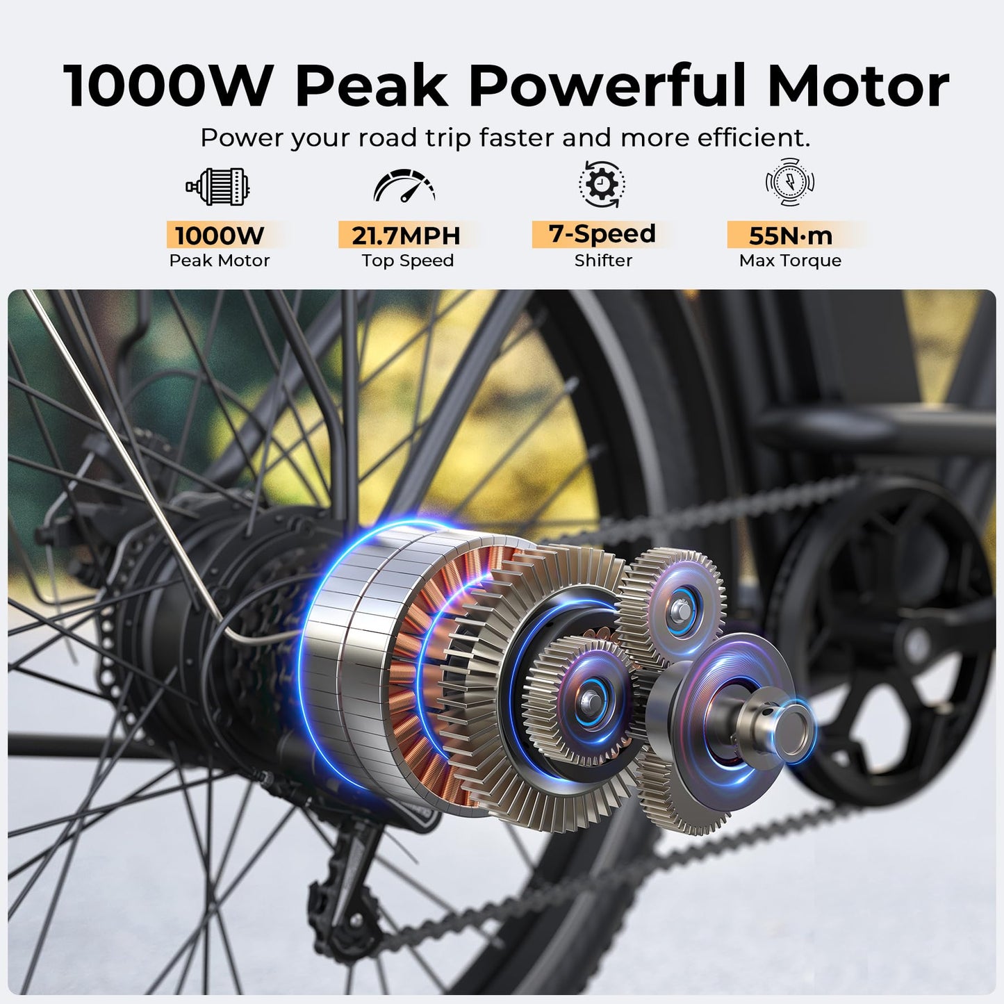 Funhang Electric Bike for Adults, 1000W Peak Ebike, 21.7MPH 50Miles City Cruiser Ebikes, 26" Step Thru Electric Bicycle with 48V Removable Battery, Adjustable Stem, Rear Rack, Front Suspension,7 Speed