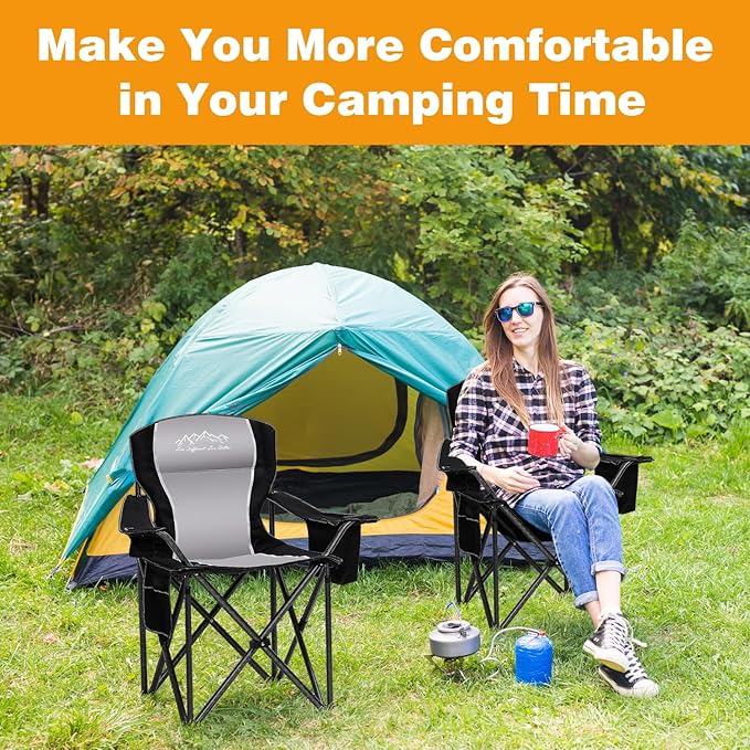 SAILARY 2PCS Folding Camping Chair Portable Outdoor Heavy Duty Padded Chairs Lawn Chair with Cup Holder, Storage Pocket and Cooler Bag, Supports 450LBS Black