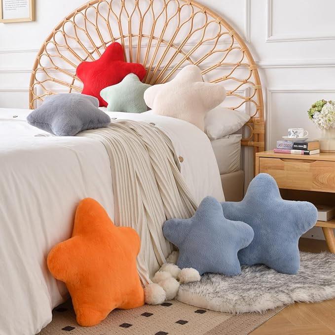Xiashrk Star Pillow, Decorative Throw Pillows for Bed Couch, 15" Star Shaped Pillow Plush Floor Cushions Room Decor Pillow with Faux Rabbit Fur for Sofa Bedroom Living Room (Red, 19.6" x 19.6")