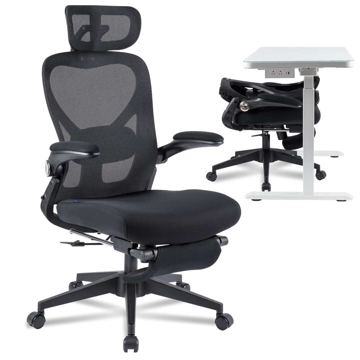 FLEXISPOT Foldex Ergonomic Office Chair, Folding Chair for Small Spaces with Lumbar Support, Flip-up Armrests, 3D Headrest, Desk Chairs with Footrest for Work,Video Game (Foam Seat, Black)