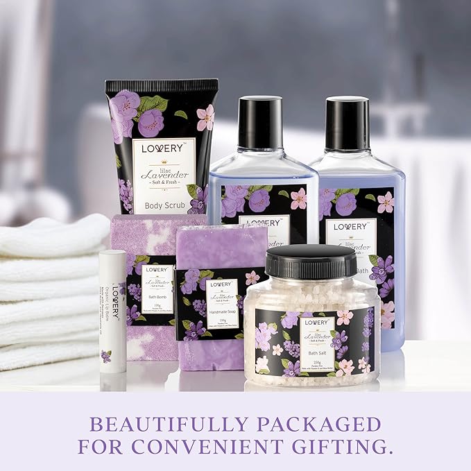 Womens Christmas Gifts – Holiday Gift Baskets for Women, Spa Gifts for Women Who Have Everything – Bath and Body Gifts for Mom, Her Lavender & Lilac Bath Set Soap, Bath Bomb, Jojoba Oil, Lip Balm