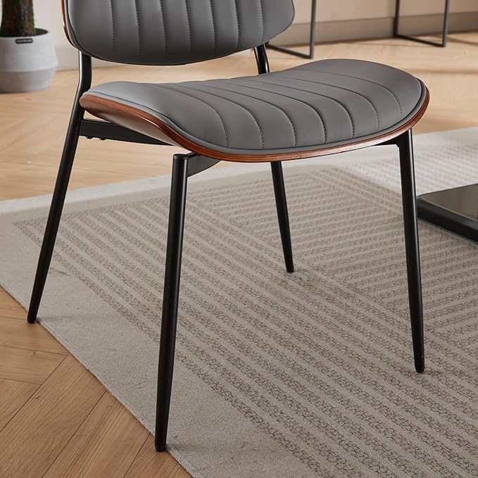 YaFiti Dining Chairs Set of 4, Mid Century Modern Accent Dining Room and Kitchen Chairs, Upholstered PU Leather Vertical Stripe Chairs for Vanity with Walnut Bentwood and Metal Legs, Gray