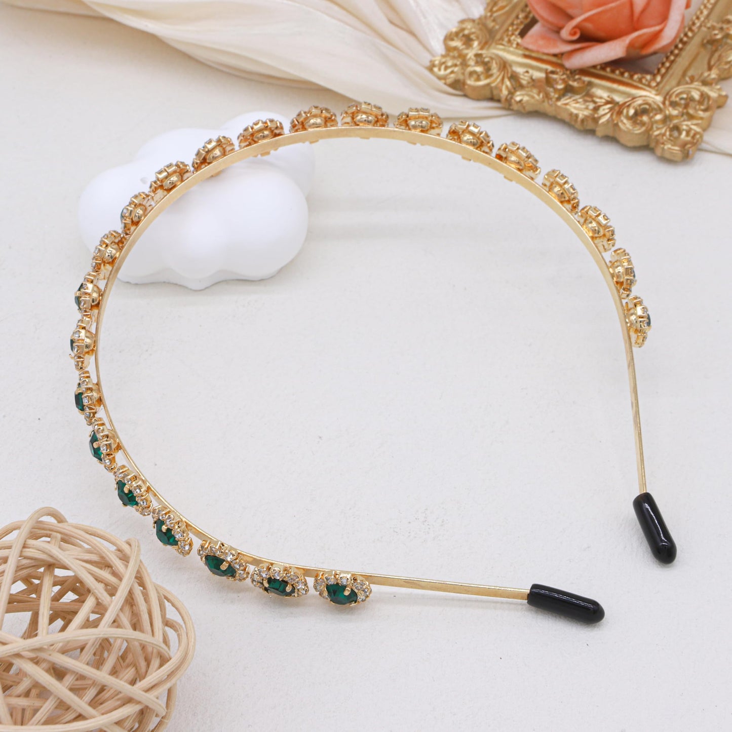 Ammei Headpiece Bridal Headband with Crystal, 5.5'', Metal, Green, Wedding Hair Accessories