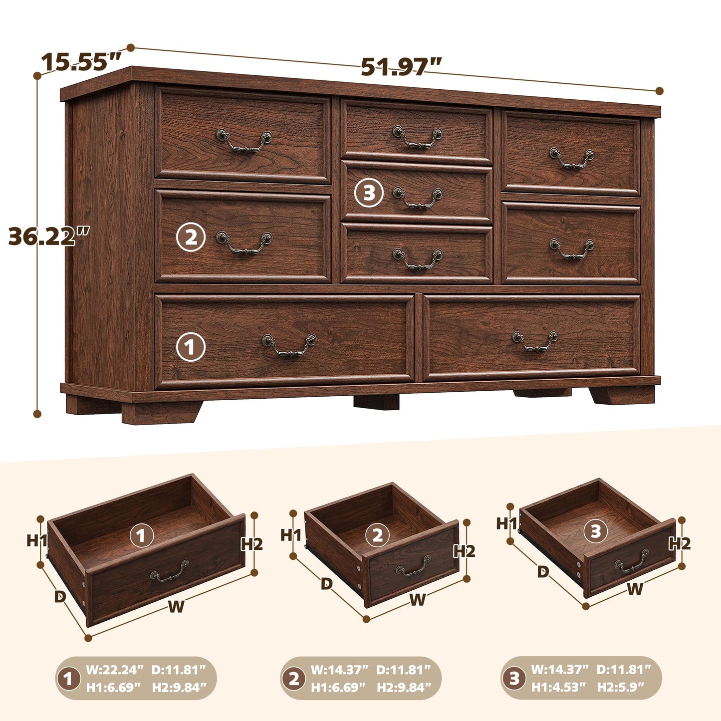 EnHomee Farmhouse 9 Drawer Dresser for Bedroom, 52" Wooden Dresser with Vintage Design, Hallway, 15.6" D x 52" W x 36" H Antique Brown