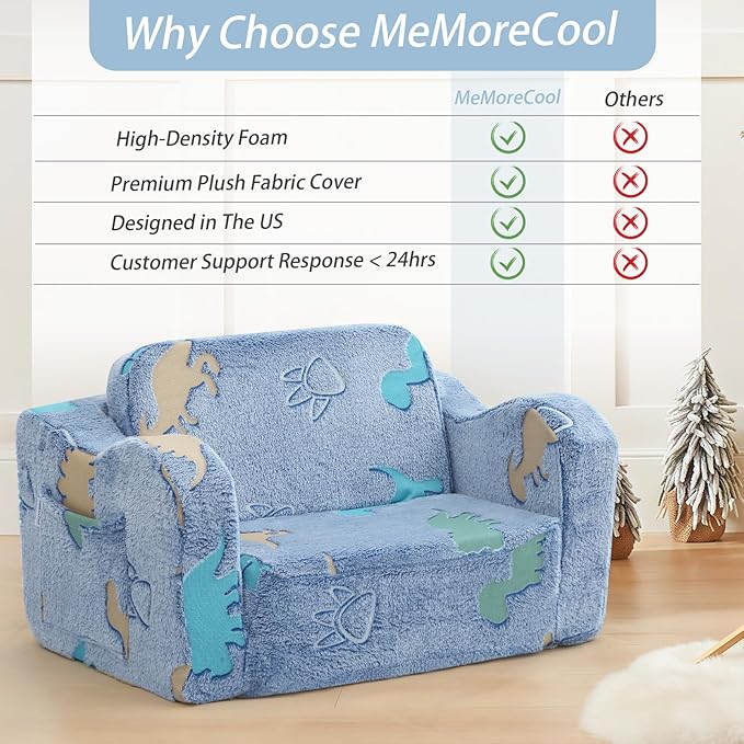 MeMoreCool Toddler Fold‑Out Couch for Ages 1‑3 yrs – Glowing Dinosaur Plush Kids Floor Sofa, Convertible 2‑in‑1 Lounger & Bed with Soft Washable Cover