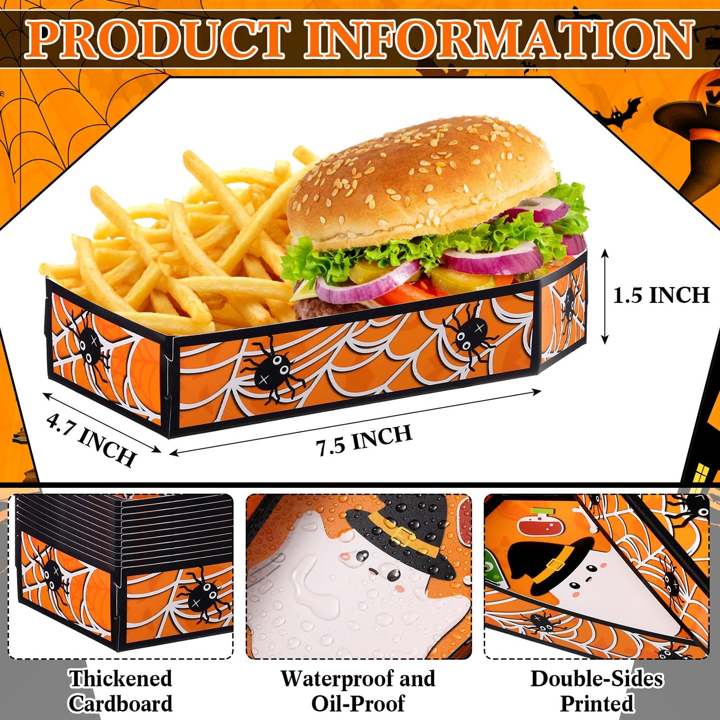 Suttmin 48 Pcs Happy Halloween Paper Trays Disposable Halloween Coffin Boxes Trays Treat Serving Basket Disposable Snack Food Treat Hamburger Holder Party Decoration Supplies