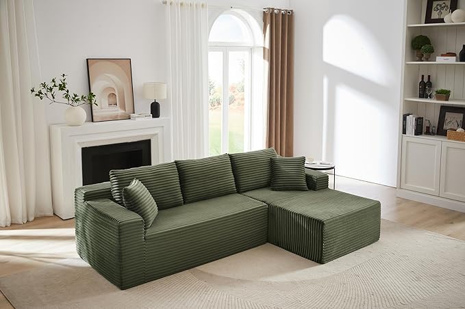 Vanress Cloud Couch Sectional, Corduroy Boneless Couch with L-Shape Chaise, Modern Modular Sectional Sofa Comfy Deep Seat for Living Room, Bedroom, No Assembly (Green, Right Facing Chaise)