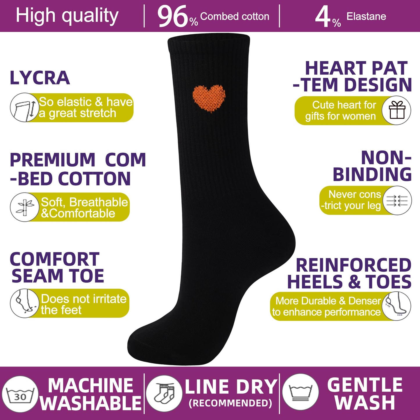 inhees Women's Cute Heart Crew Socks - 6 Pairs Cotton Novelty Casual Athletic Aesthetic Socks (Gift box)