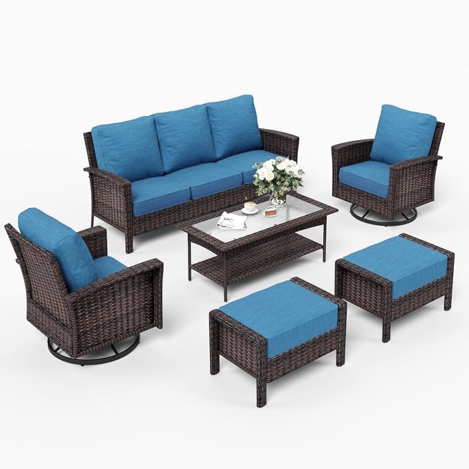 SUNSHINE VALLEY 6 Piece Patio Furniture Set with Swivel Chairs, High Back Wicker Rattan Sofa with Extra Thick Cushion, Coffee Table and Ottoman, Outdoor Conversation Set for Backyard Deck, Blue