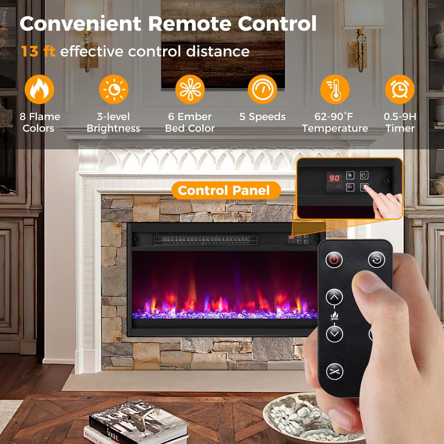 COSTWAY 23 Inch Recessed Fireplace Heater, Electric Fireplace Insert w/Multi-Color Flame & Crystal Ember Bed, Remote Control, 9H Timer, Built-in Thermostat & Overheat Protection, 1500W