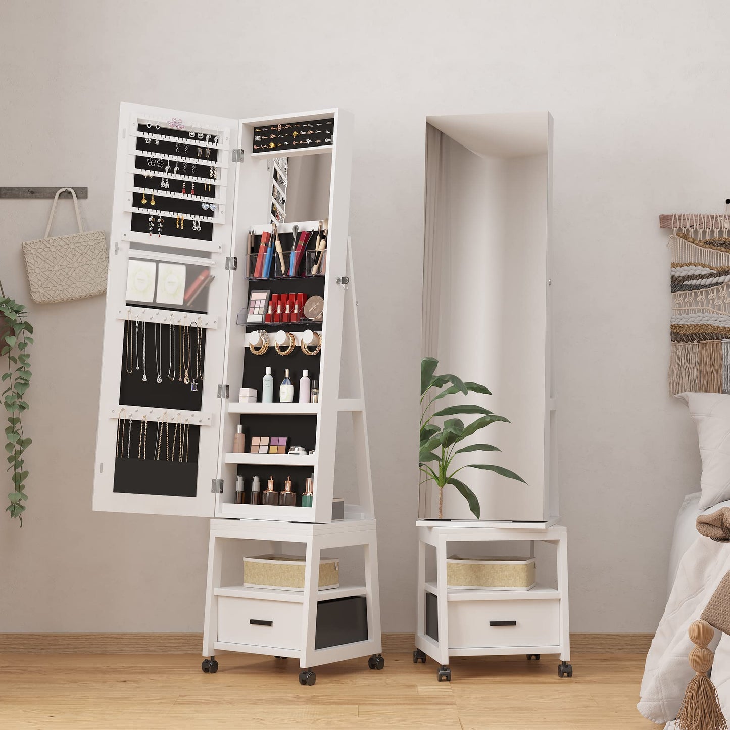 GAOMON 66" H Jewelry Armoire with Full Length Mirror, 360° Rotating Jewelry Cabinet, Inside Makeup Mirror, Standing Lockable Cabinet Organizer, Large Capacity, Rear Storage Shelves, Drawer, Wheels