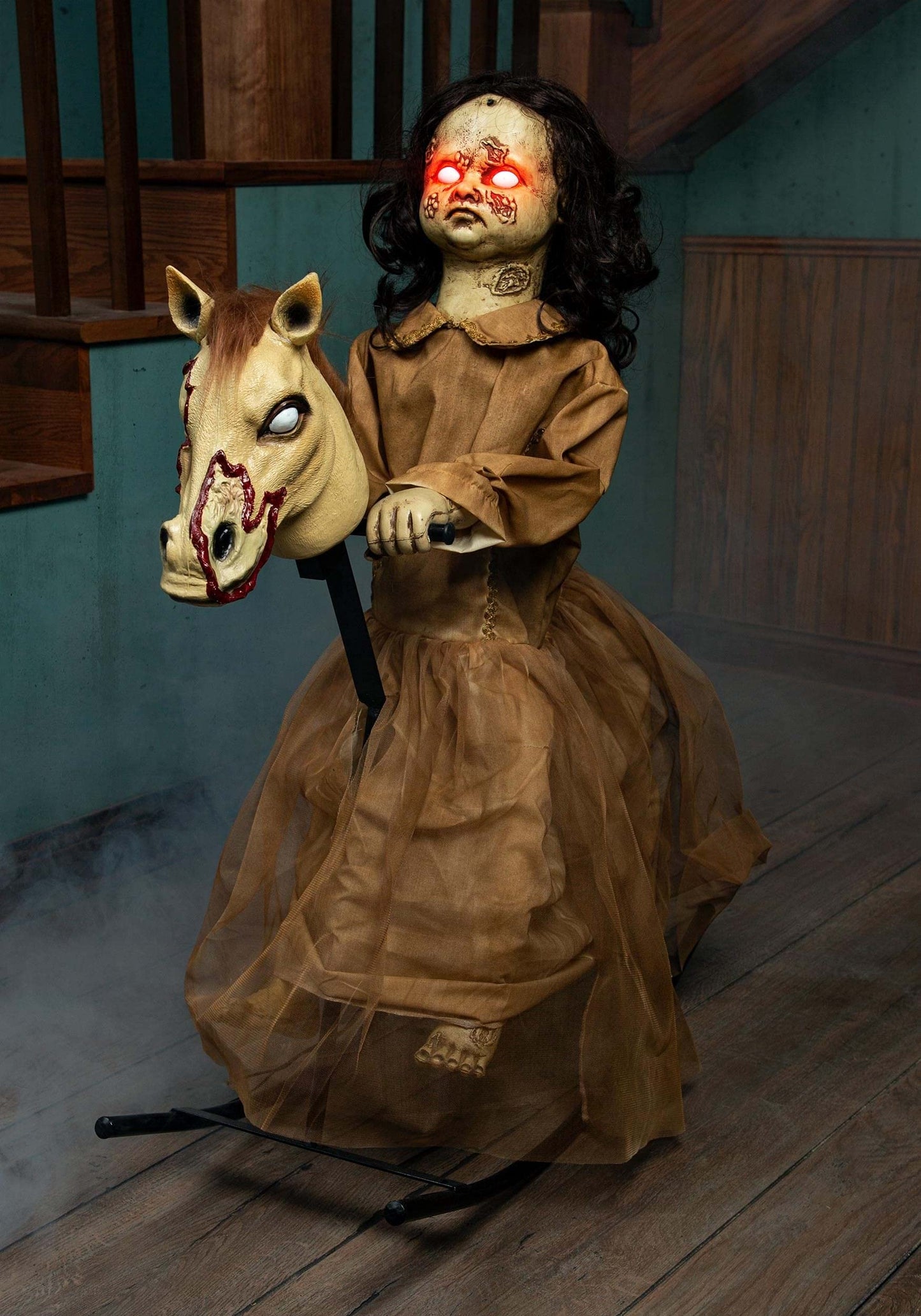 Fun Costumes 3.5 Ft Haunted Doll-Horse Animatronic, Creepy Dolls Halloween Decorations, Ancient Looking Rocking Horse, Red Glowing Eyes Halloween Decoration Standard