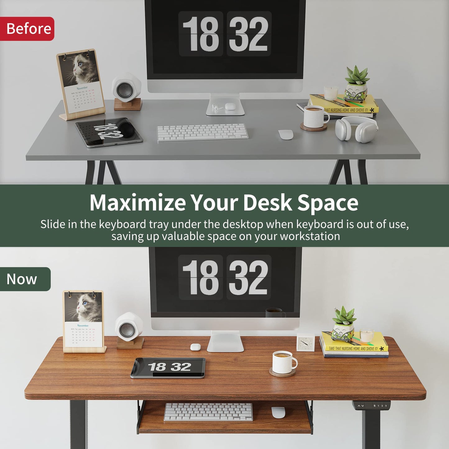 FEZIBO Height Adjustable Electric Standing Desk with Keyboard Tray, 48 x 24 Inches Stand up Table, Sit Stand Home Office Desk with Splice Board, Black Frame/Espresso Top