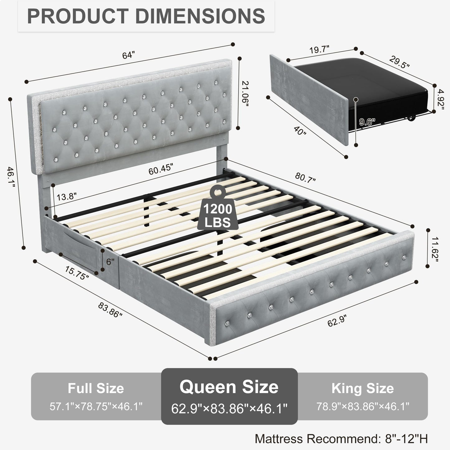 Torana Queen LED Bed Frame with 2 Drawers, Soft Velvet Platform Bed with Diamond Tufted Headboard Footboard and 2 Side Pockets, Mattress Foundation with Wooden Slats Support No Box Spring Needed, Grey