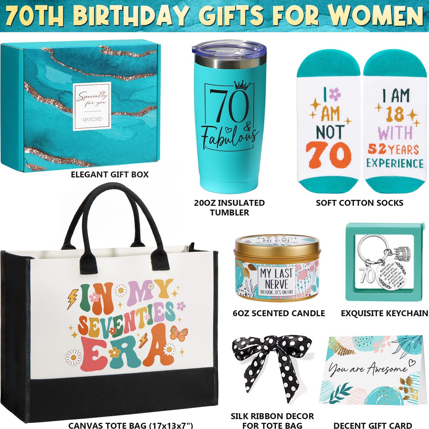 70th Birthday Gifts for Women, Unique 1955 Birthday Gifts for 70 Year Old Women Birthday Gifts Basket, Fabulous 70th Happy Birthday Gift Idea for Mom Lady Sister Friend Wife Grandma w/Canvas Tote Bag