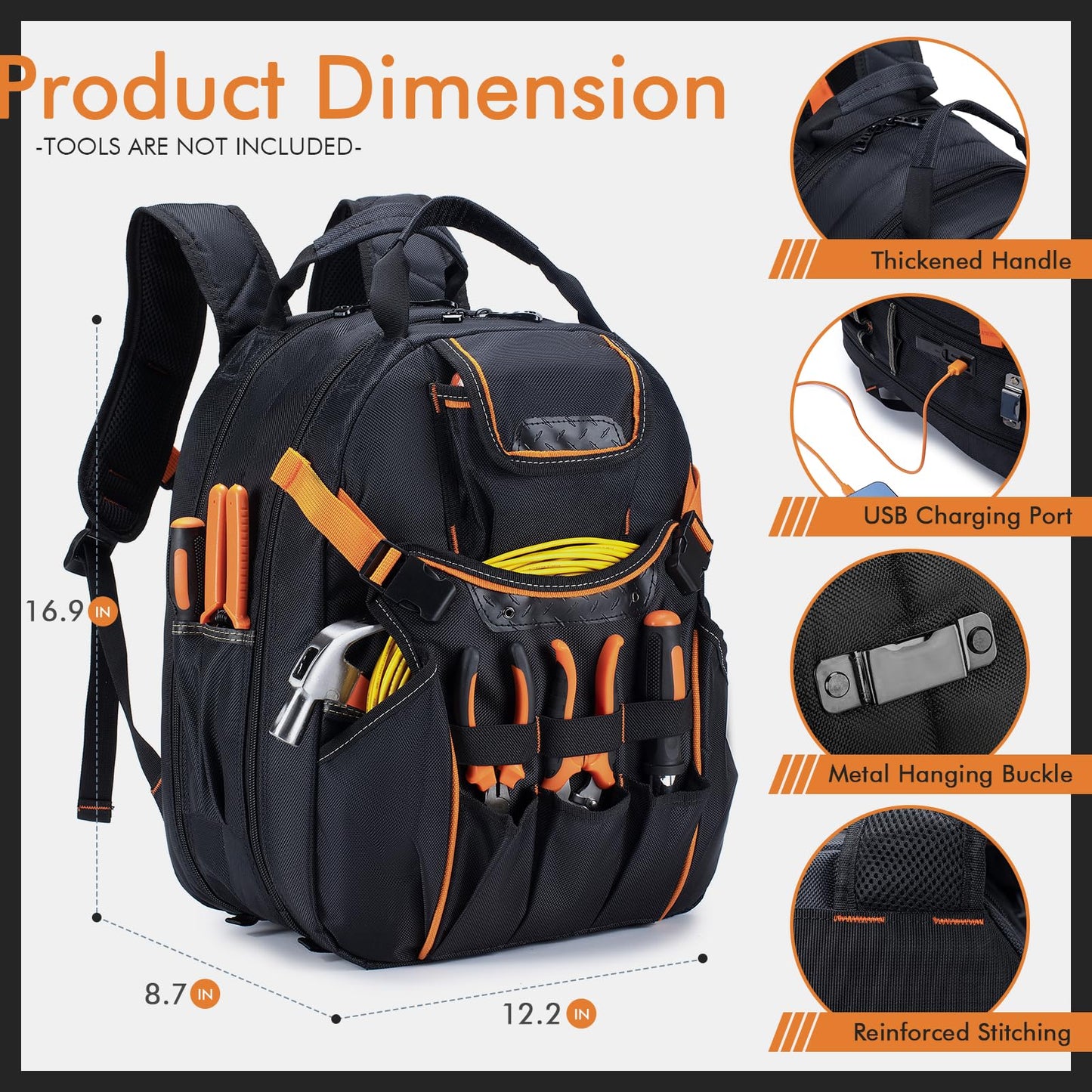 BAGZY Tool Bag Backpack for Men Tool Backpack Heavy Duty with Laptop Compartment Waterproof Electrician Backpacks With USB Port for Repairman Industrial & Construction Work Storage Organization Red