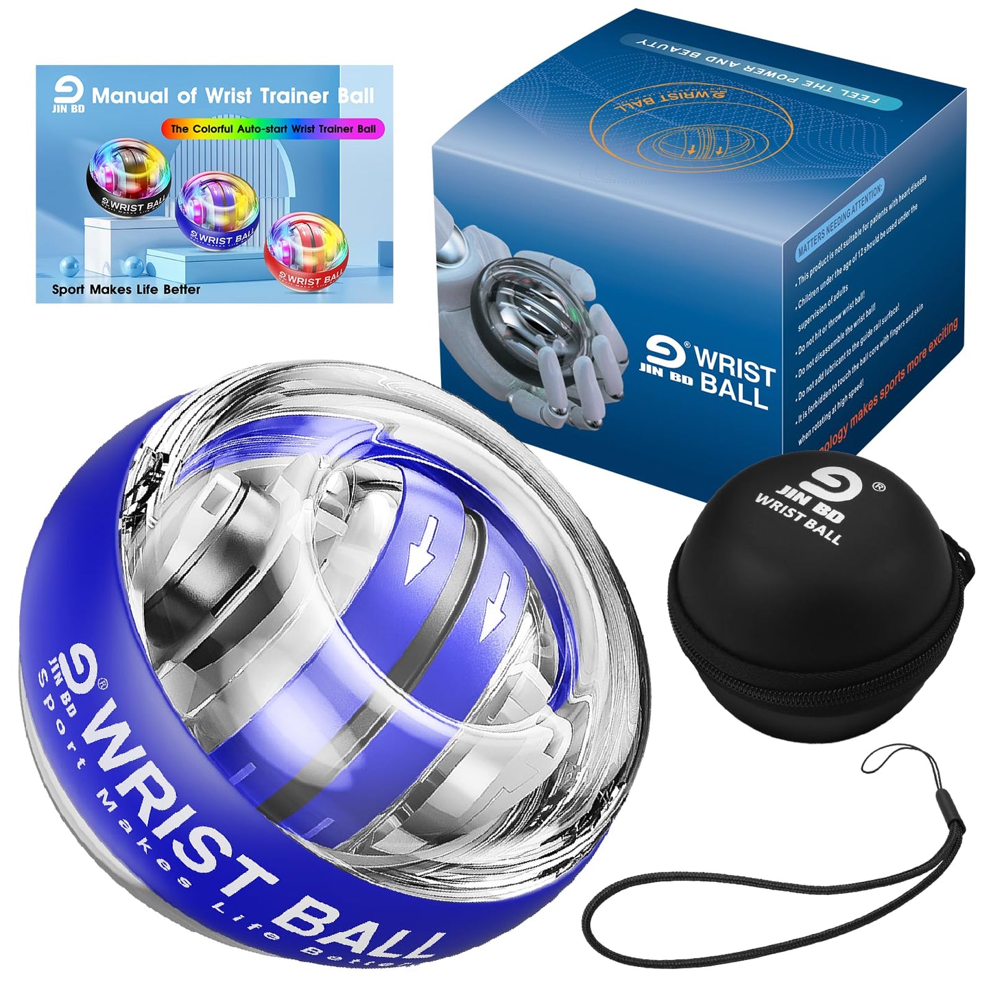 JIN BDWrist Trainer Ball Auto-Start Wrist Strengthener Gyroscopic Forearm Exerciser Gyro Ball for Strengthen Arms, Fingers, Wrist Bones and Muscles(Blue Without Light)