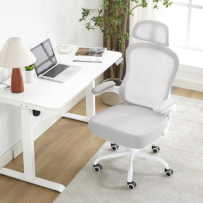 TUKAKA Ergonomic Office Chair,Ultra Thick Office Desk Chair with Adjustable Lumbar Support and Headrest,Spring Cushion,Rocking Function,Flip-up arms,Mesh Computer Chair for Home Office,Grey
