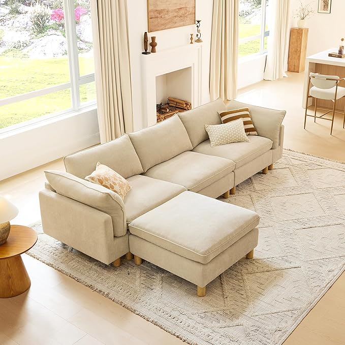 CHITA 161" Super Large Sectional Couches for Living Room, Modular Cloud Couch Sectional Sofa, Premium Fabric Couches, Down Filled, High Density Foam, Chenille in Beige, 6 Seat U Shaped