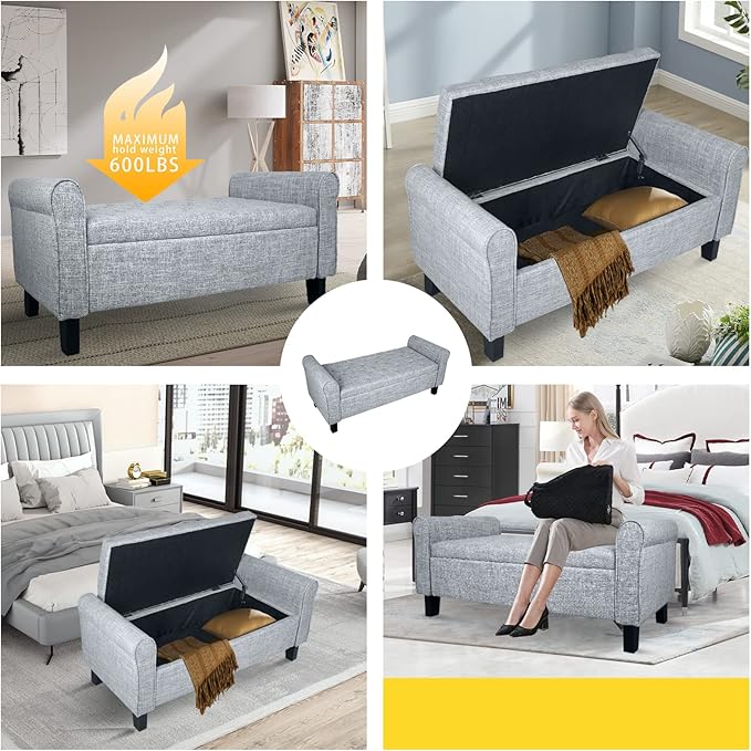 Babion Storage Bench for Bedroom, Button Linen Fabric, 51 Inch, End of Bed Storage, Upholstered Rolled Arm Window Seat with Solid Wood Legs, Dark Grey