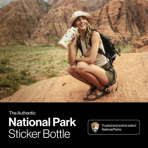 National Parks Water Bottle with Stikcers Kit, Erikas Chesonies Collaboration, Adventure Flask with Straw, Waterproof Stikcers for Water Bottle, Insulated Bundle (Black & Tan)