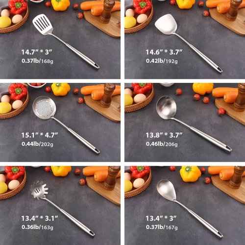 18/10 Stainless Steel Kitchen Utensils Set - 12 PCS All Metal Cooking Tools & 15″ Serving Utensils - Potato Masher, Meat Fork, Tongs, Turner, Pasta, Serving Spoon, Skimmer, Ladle, Spatula Spoon Set