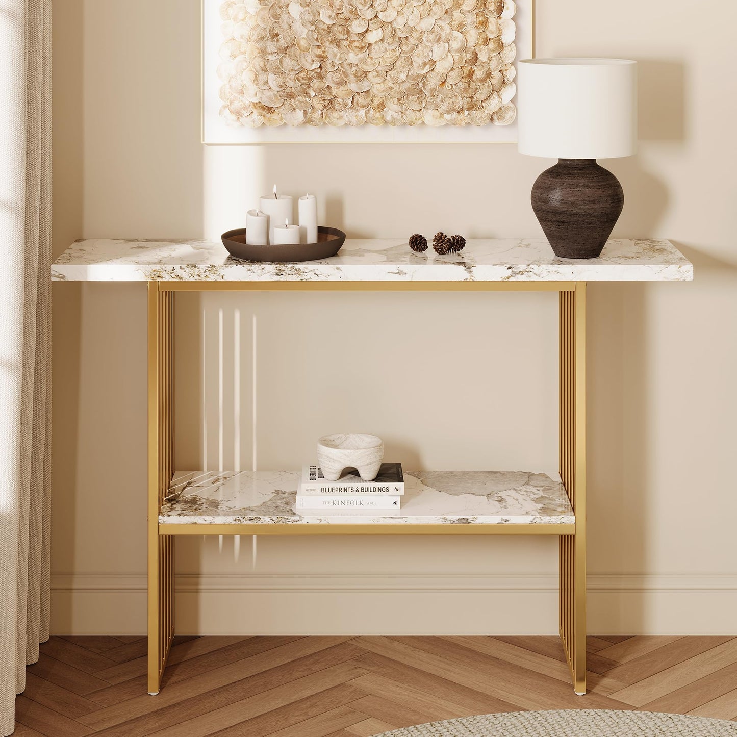 GDFStudio 47.2" Modern Console Table with Shelf, Luxury Narrow Entryway Table with Faux Marble Top and Gold Metal Frame, Sofa Tables Behind Couch for Living Room Foyer Hallway, Gold White