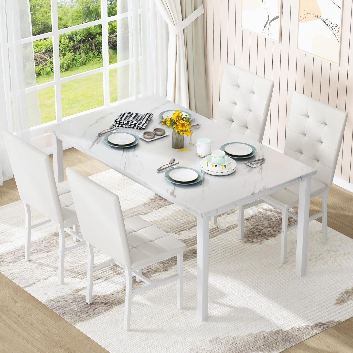 AWQM Dining Table Set for 4,Faux Marble Kitchen Table and Chairs Set of 4, Modern Dining Room Table Set for 4,Dinner Table with 4 Leather Chairs, Dinette Set for Small Spaces,White