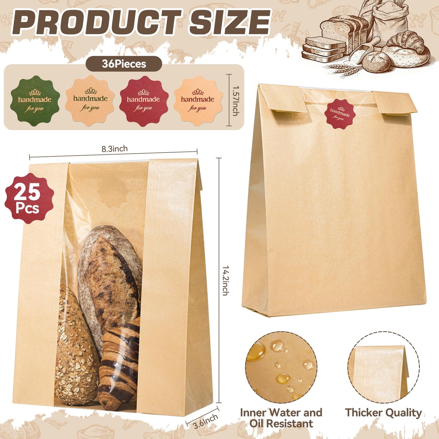 25 Pcs Bread Bags for Homemade Bread, Paper Sourdough Bags with window, Large Bakery Loaf Bag with Stickers for Cookies, Popcorns, Hamburgers (25, 14.2"x8.3"x3.6")