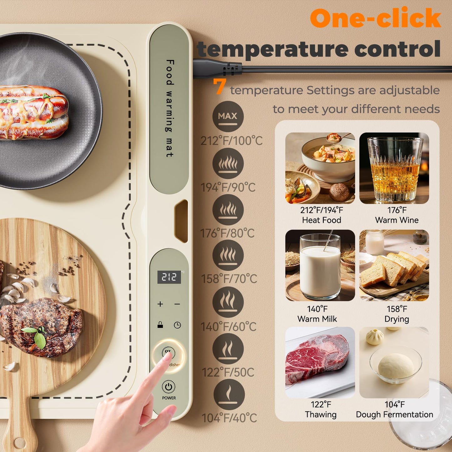 VMYTH Warming Mat for Food with Heat Resistant Pad,7-Temp & 8H Timer,Child Lock Safety,Fast Full-Food Warming Mats for Countertop,Family Dinners,Parties & Kitchen,Roll Up Warming Food Mat (39"×15")