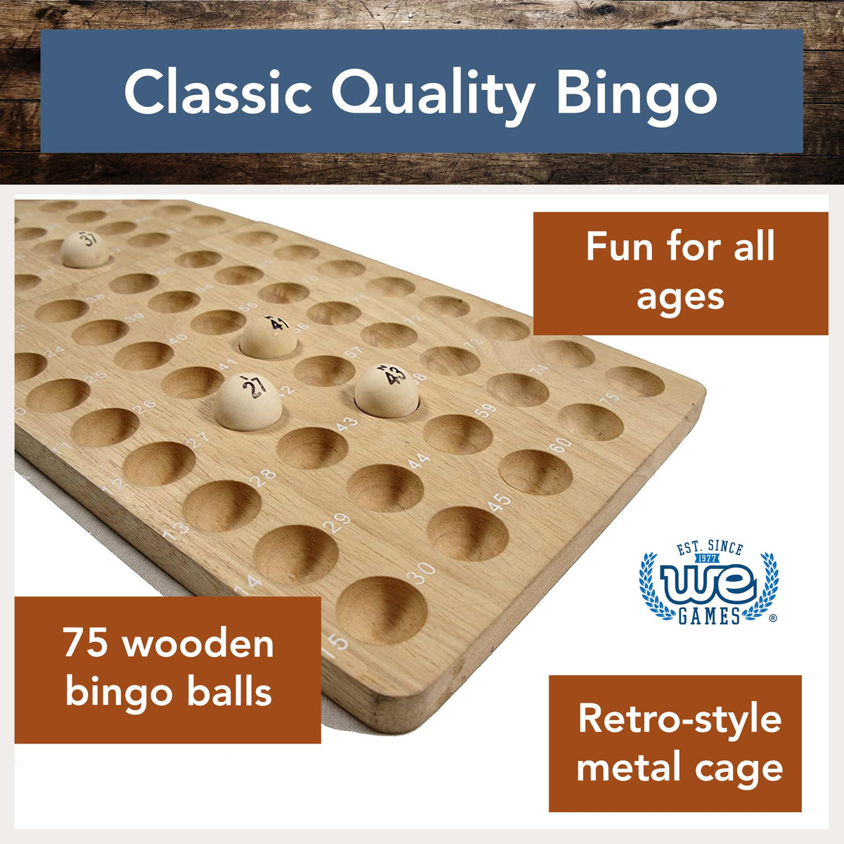 WE Games Retro Bingo Game Set with Metal Rotary Cage, Deluxe Wooden Master Board, Wood Balls, Party Games for Families, Fairs, and Churches