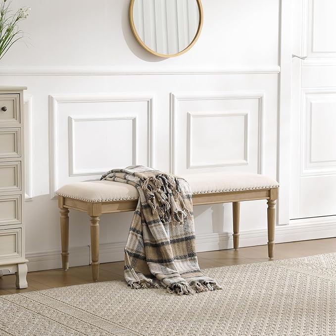chairus Farmhouse Dining Bench 46" Wooden Entryway Bench with Padded Seat and Nailhead Trim for Kitchen Bedroom,Indoor and Hallway, Beige Linen