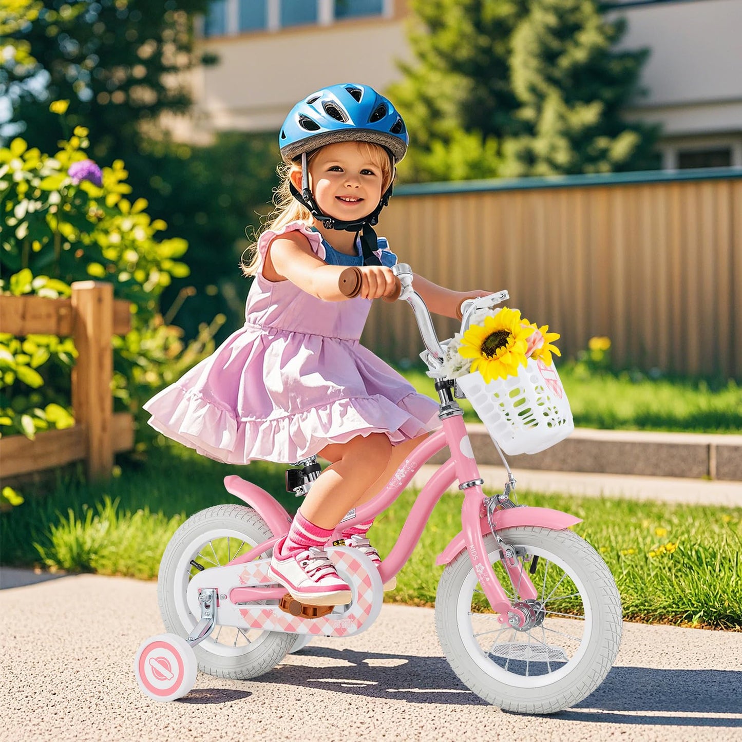 BABY JOY Kids Bike, 12 Inch Boys Girls Bike w/Adjustable Seat, Basket, Handbrake Coaster Brake, Training Wheels or Kickstand, Kids Bicycle with Multi-Color (Rose Red)
