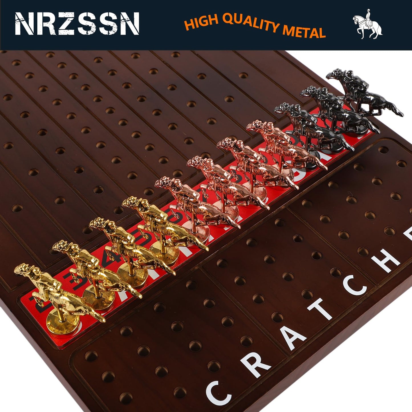 NRZSSN Horse Race Board Game with 11 Luxurious Durable Classic Metal Horses with 4 Dice and 2 Boxes of Cards Thickened Solid Wood Horse Racing Dice Game (Walnut Color,Rectangle)
