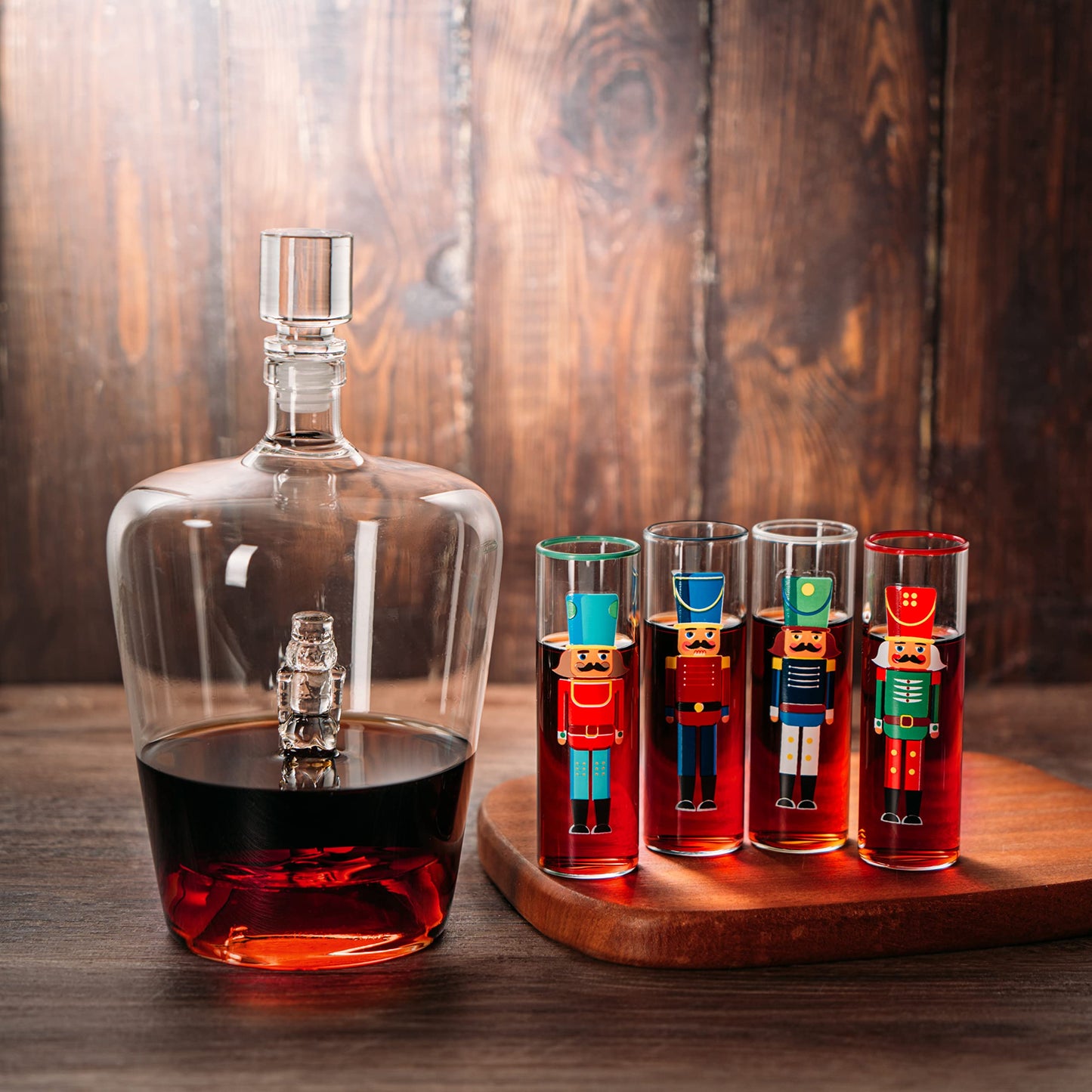 Nutcracker Decanter & Glasses, Set of 5 - Glassware Nutcrackers Theme & Shot Glass, Wine & Spirits - 40oz Bottle & 2oz - Holiday Spirit & Cheer Decor, Festive Themed Winter, Xmas Decorations
