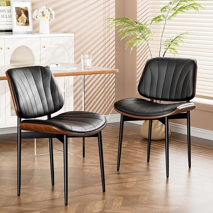 YaFiti Dining Chairs Set of 8, Dining Room and Kitchen Chairs, FSC Certified Mid Century Modern Accent Chair, Upholstered PU Leather Chairs for Vanity with Walnut Bentwood and Metal Legs, Black
