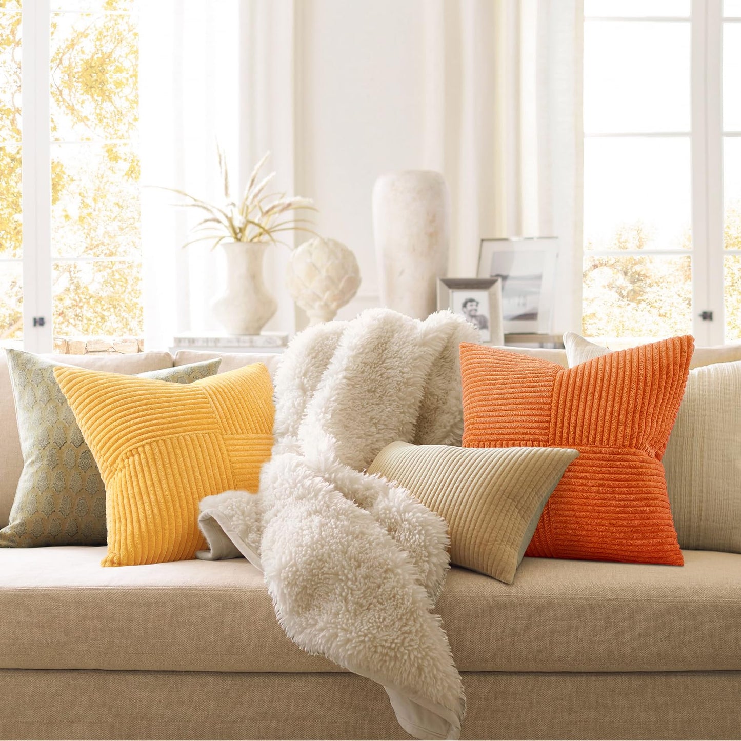 Topfinel Fall Burnt Orange Decorative Throw Pillows Covers 18x18,Soft Corduroy Square Throw Pillow Covers Set of 4,Western Farmhouse Cushion Cover for Couch Sofa Bedroom(Terracotta,Rust,Yellow)