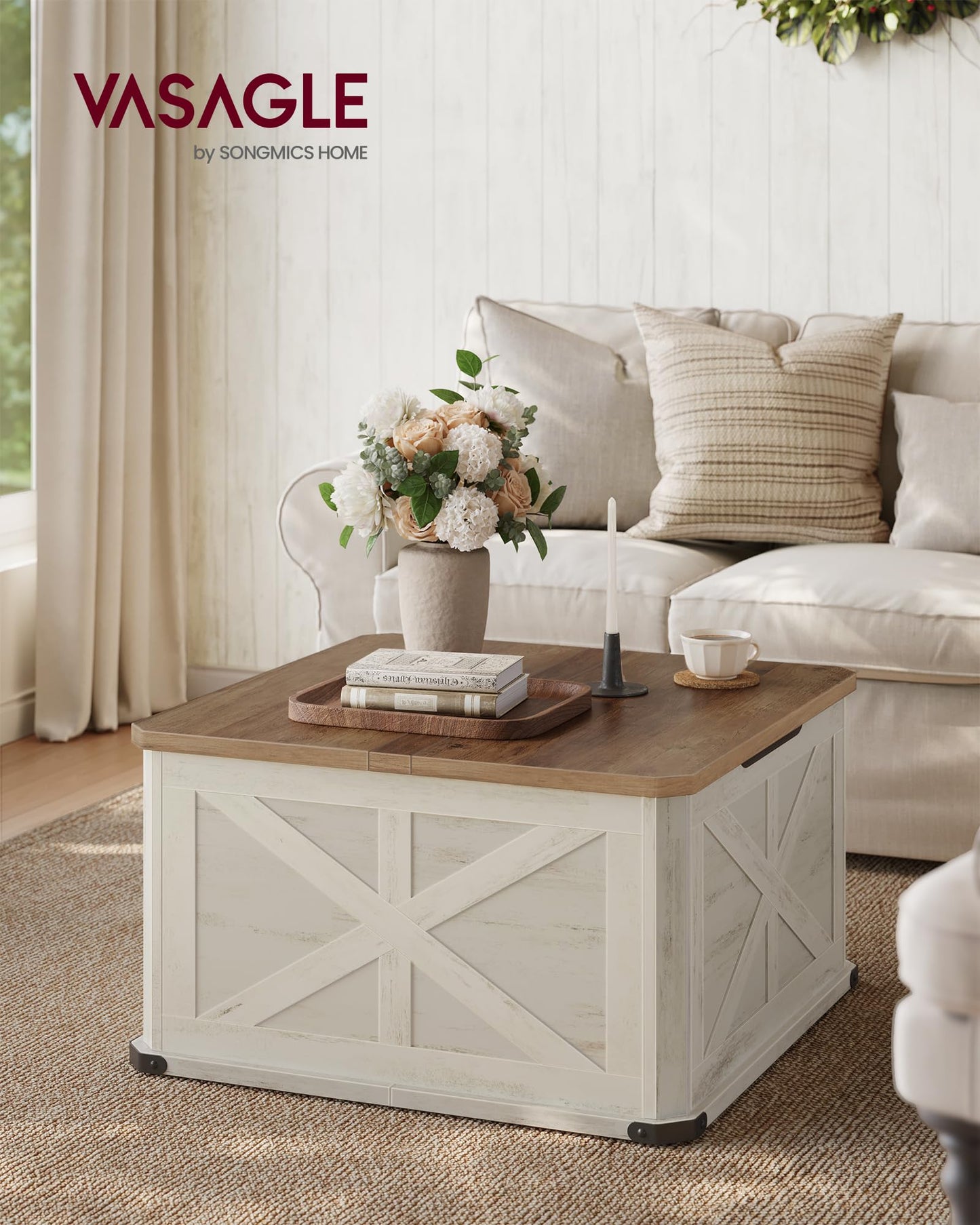VASAGLE Farmhouse Coffee Table with Storage, Square Coffee Table for Living Room, Center Table with Flip-Top Lids, Honey Brown and Rustic White ULCT232W73