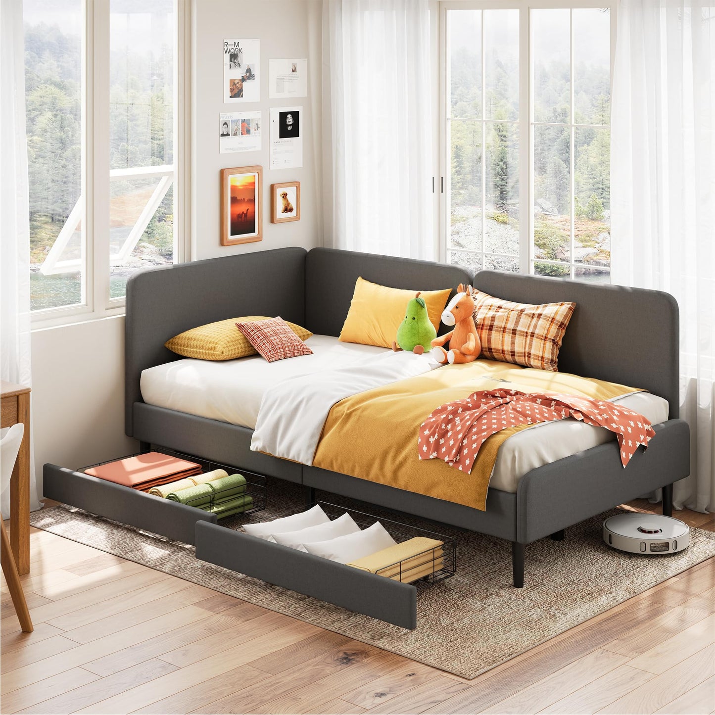 LIKIMIO Twin Daybed with Headboard, Corner Bed Frame with Bed Rails and Storage Drawers, Solid Support, for Bedroom Guest Room, Dark Gray