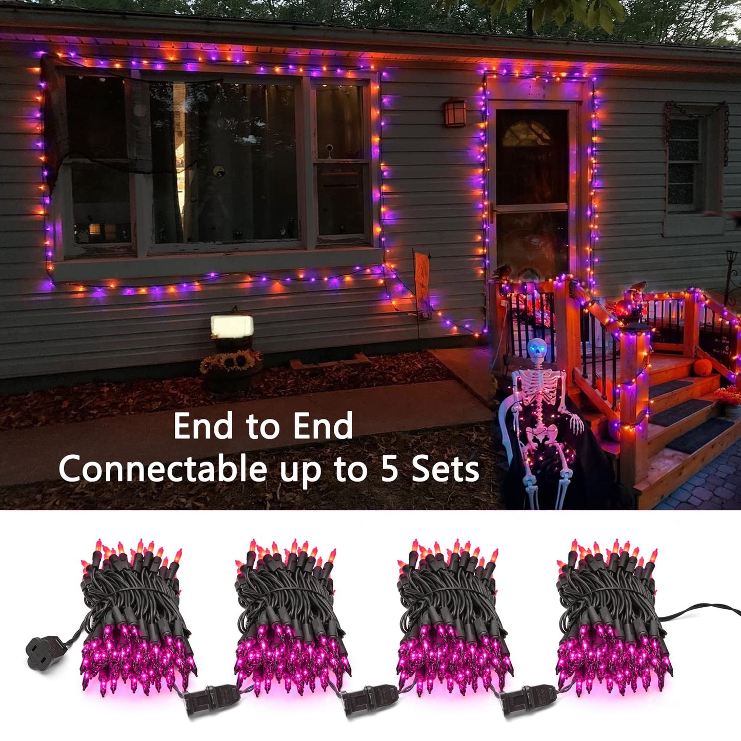 Brizled Orange & Purple Halloween Lights, 100 Count Connectable, UL Certified Incandescent String Lights, Black Wire Mini Lights Set for Indoor/Outdoor Halloween Party Decor